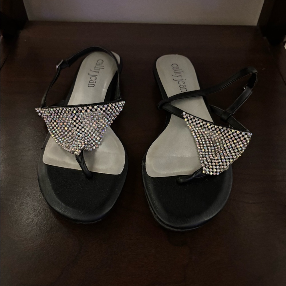 Cathy Jean Black Sandals with Rhinestone Accents Size 6.5